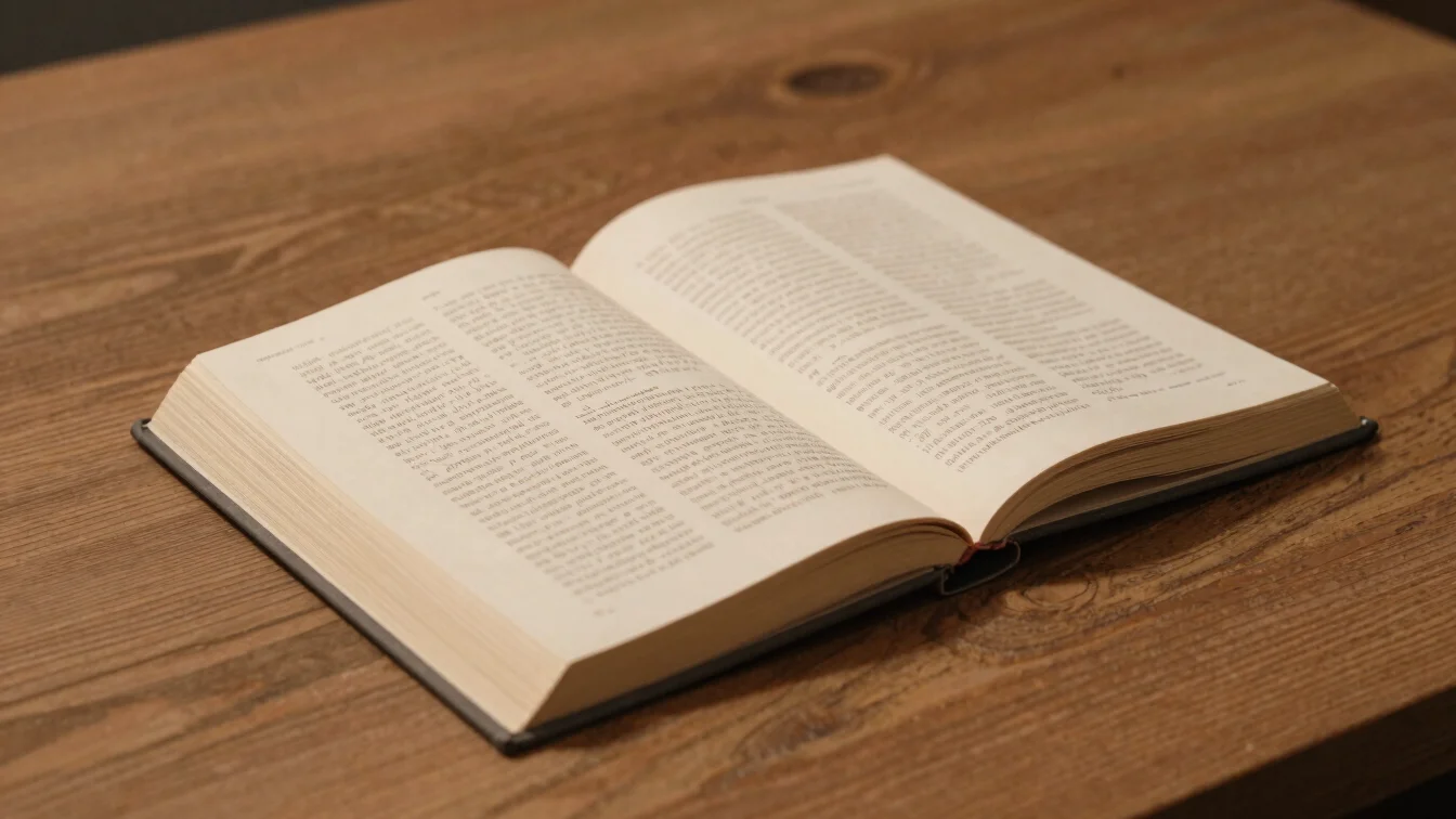 Nahaufnahme einer aufgeschlagenen Buchseite auf einem Holztisch, weiches Tageslicht, warme neutrale Töne, feines Filmkor