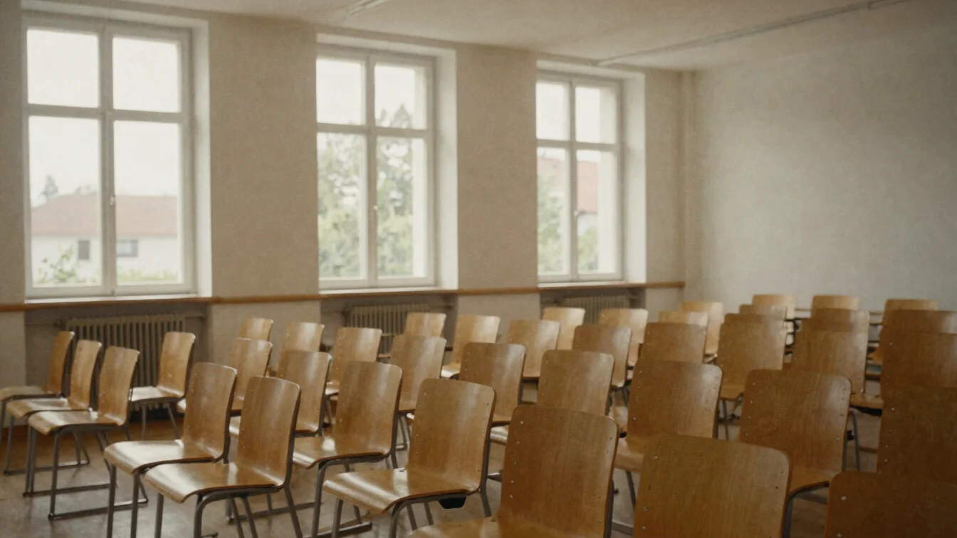 Ruhige Szene in einem Vortragsraum mit Stuhlreihen und Tageslicht durch hohe Fenster, gewöhnliche Architektur in Mittele