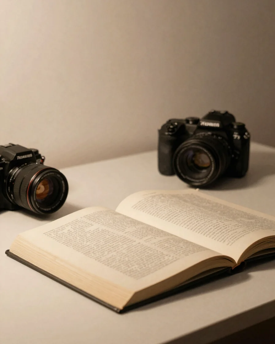 Weiches Fensterlicht auf einem ruhigen Tisch mit einer Kamera und aufgeschlagenem Buch, warme neutrale Töne, zurückhalte