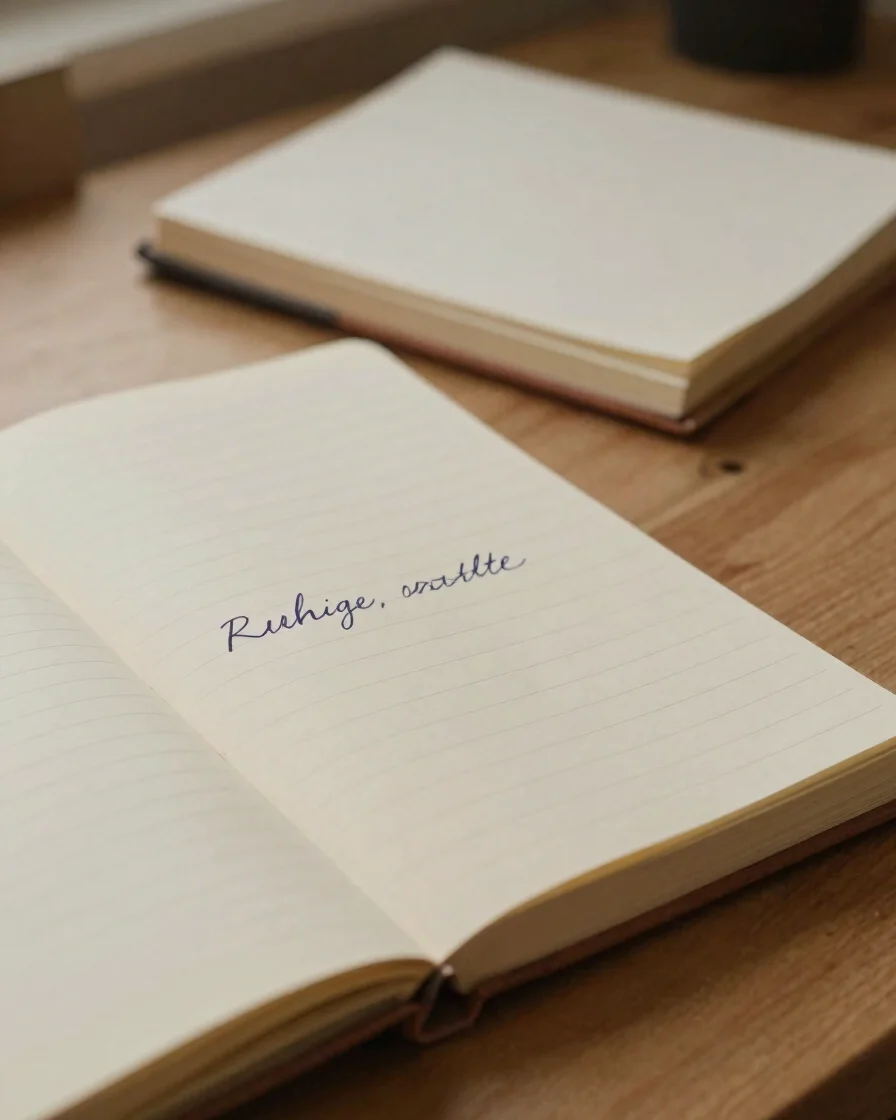 Ruhige, ungestellte Nahaufnahme eines Schreibtischs mit aufgeschlagenem Notizbuch, handschriftlichen Notizen und einem S